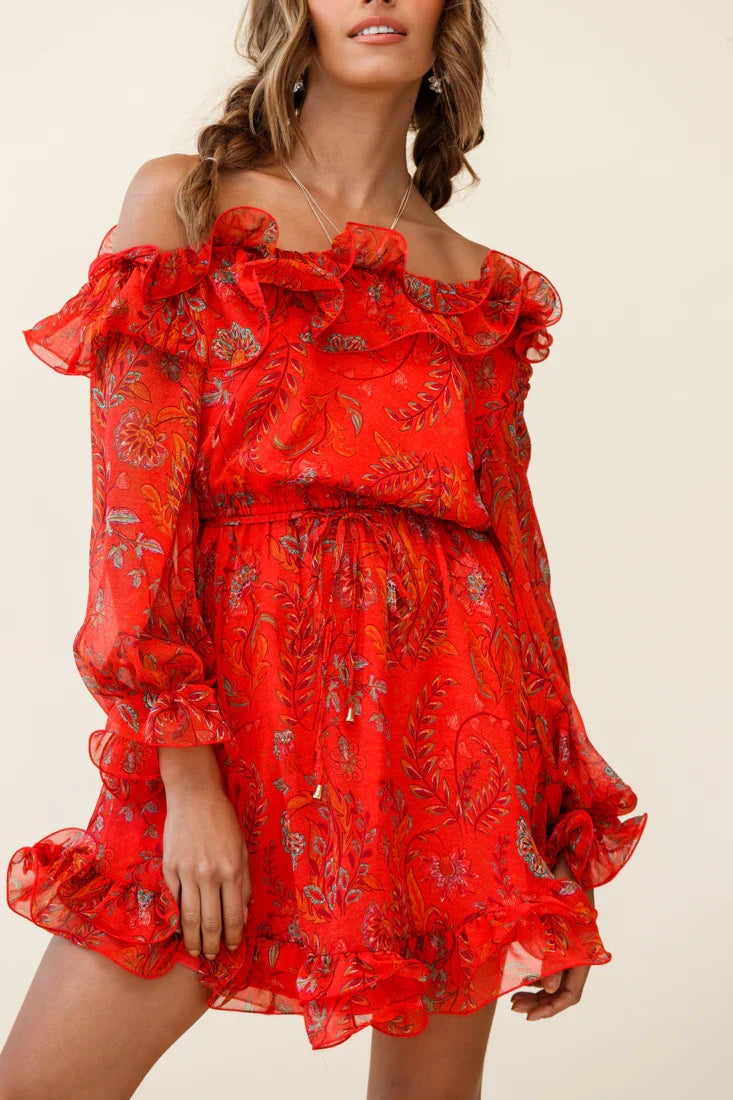 Rhiannon Off-Shoulder Lettuce Frill Dress Floral Print Red