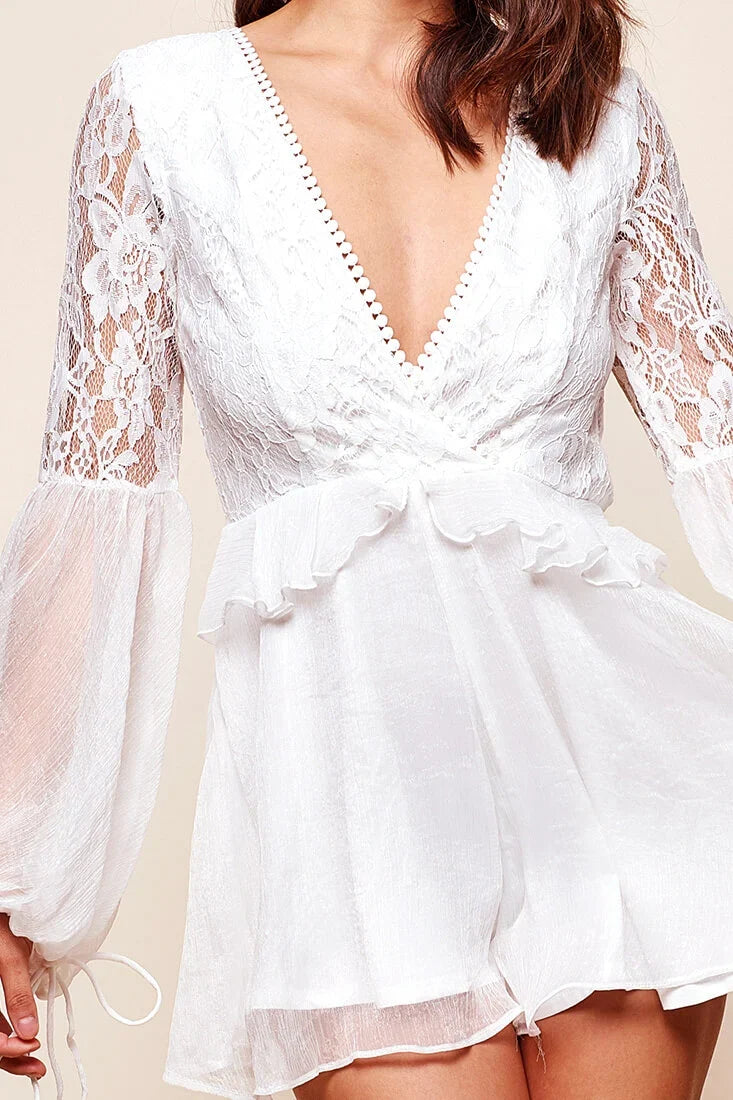 Cindy Peek-a-boo Back Lace Romper White