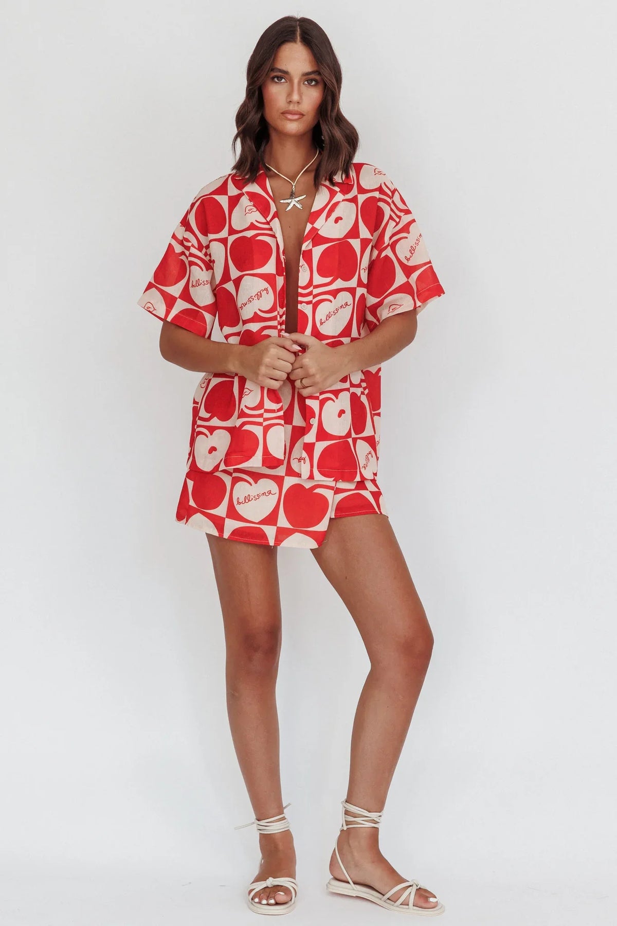 Ithaca Cherry Print Short Sleeve Shirt Red Beige