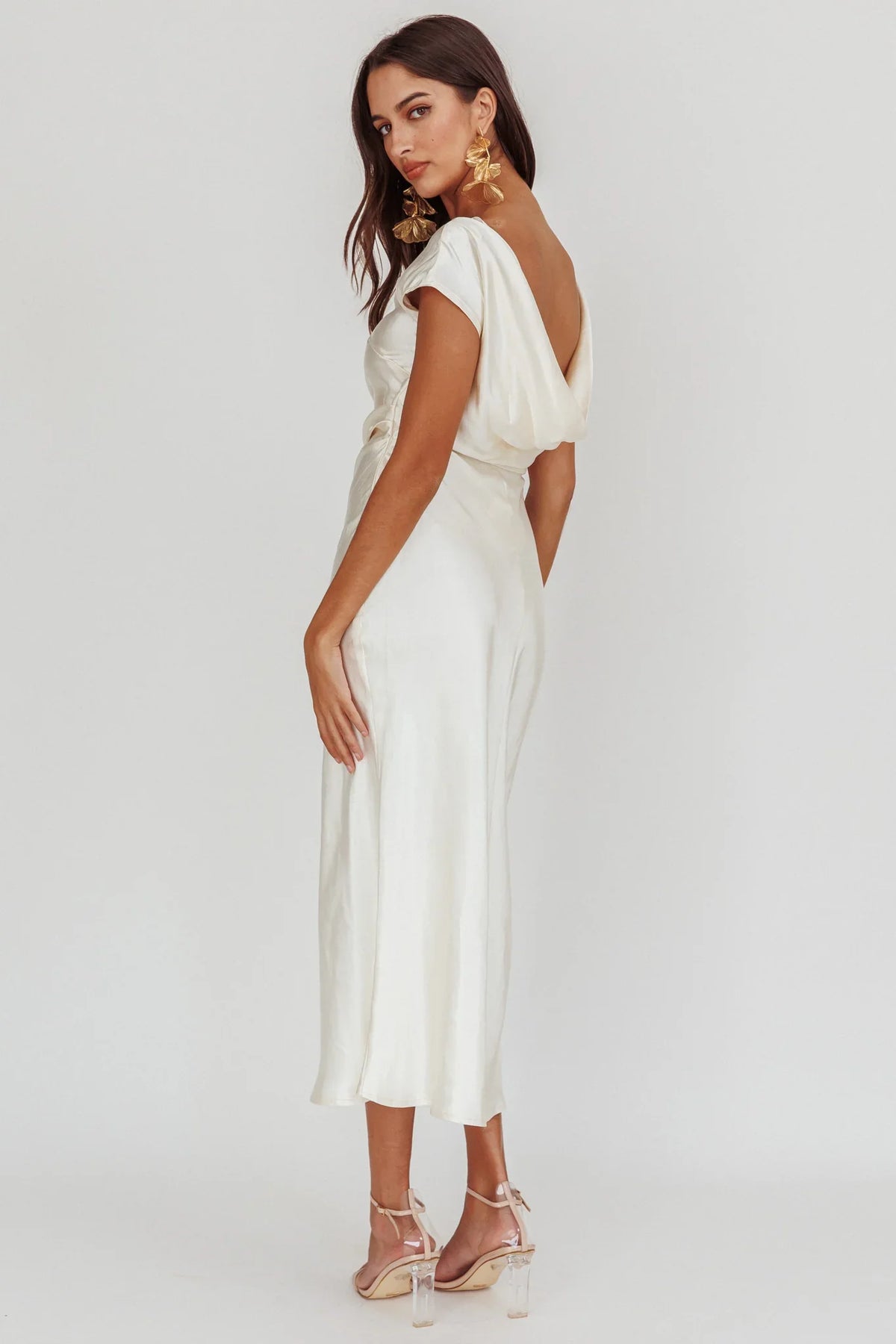 Loveland Cap Sleeve Cowl Back Midi Dress Oyster
