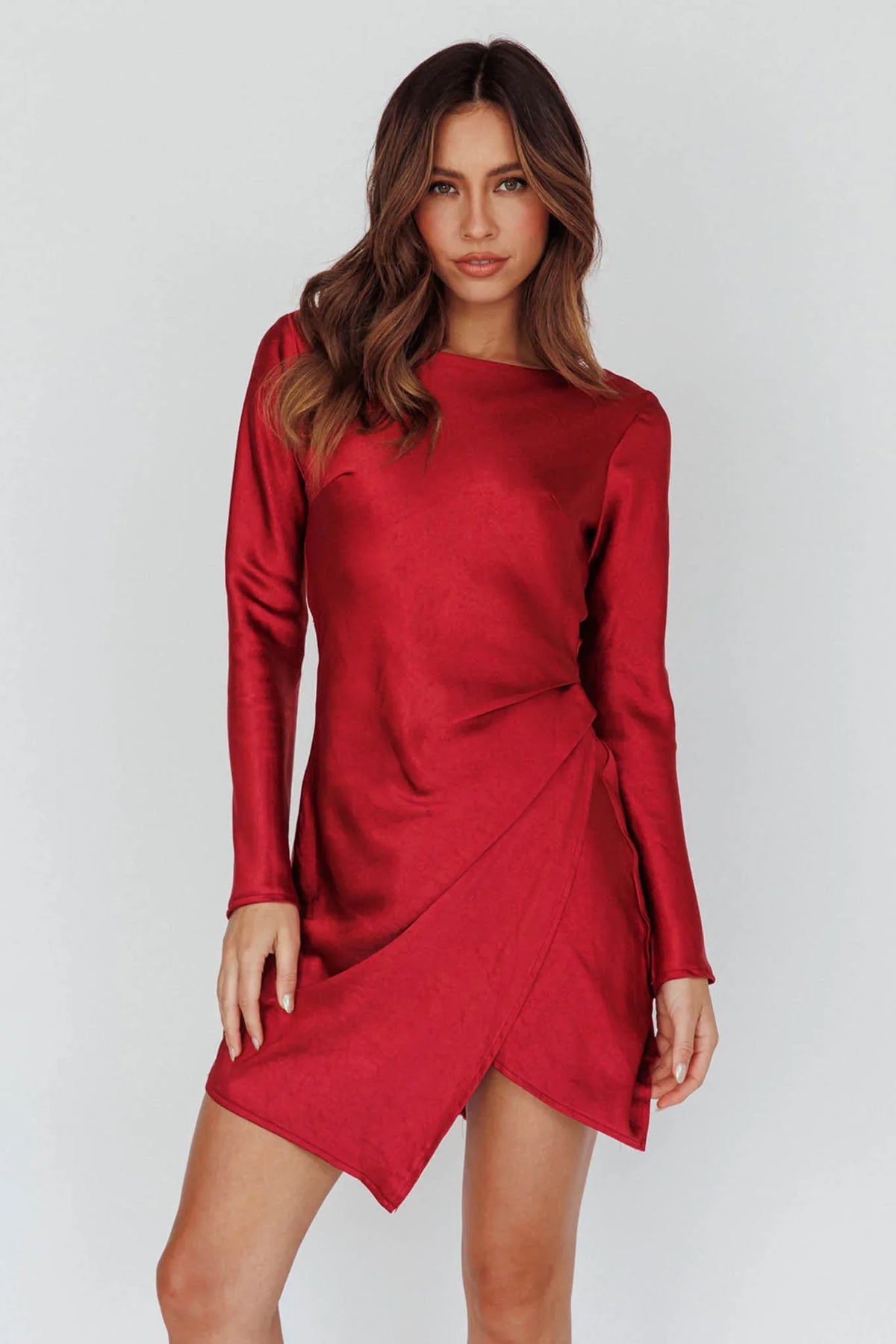 Thank Me Later Long Sleeve Open Back Dress Wine