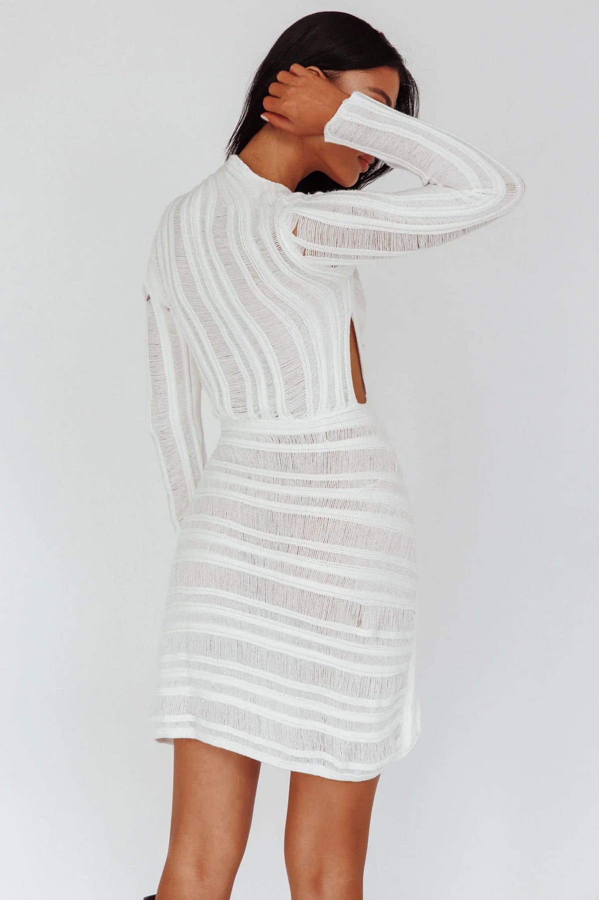 Leyanne Crochet Long Sleeve Cut-Out Mini Dress Ivory