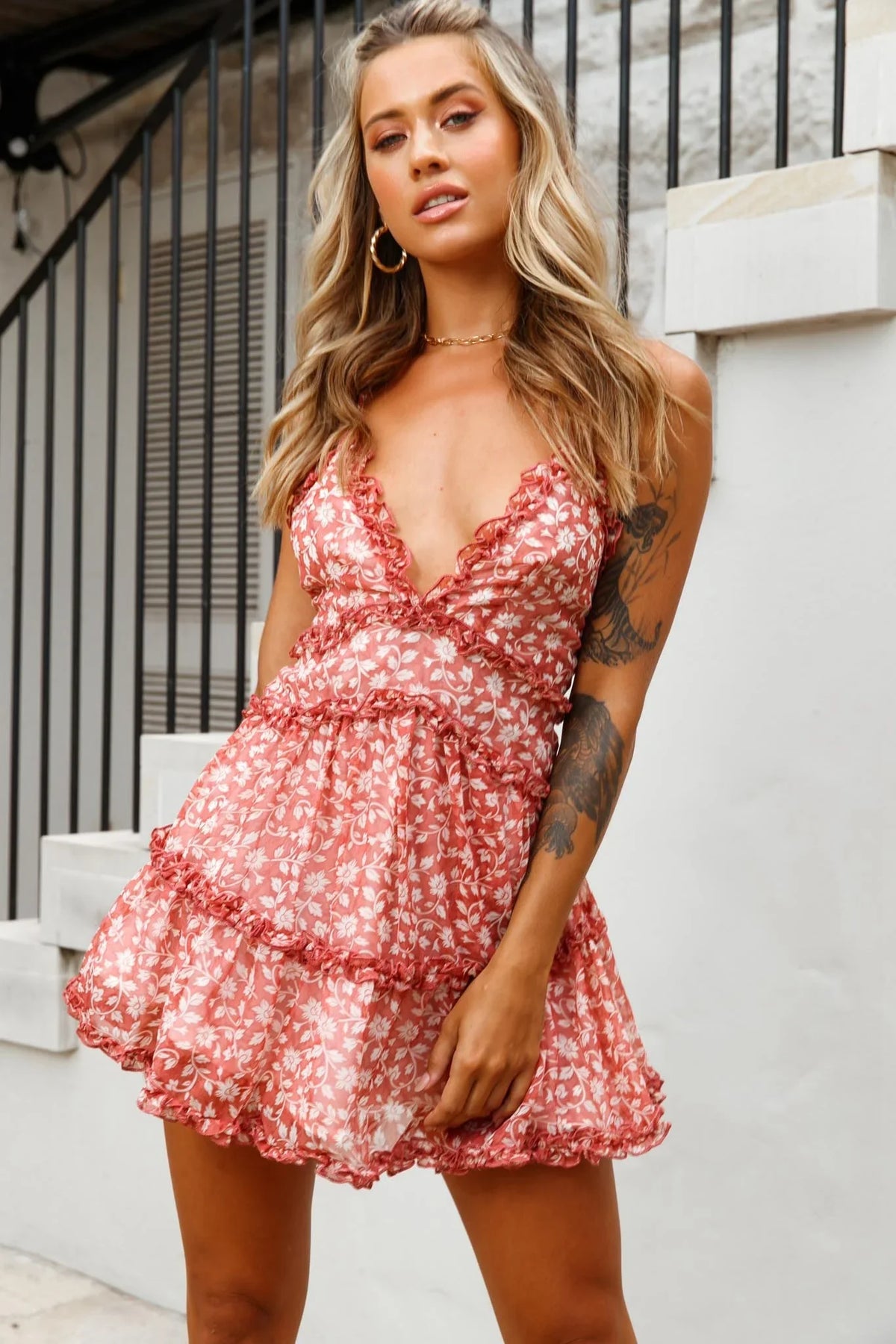 Laney Low Back Cami Strap Dress Flower Print Rose