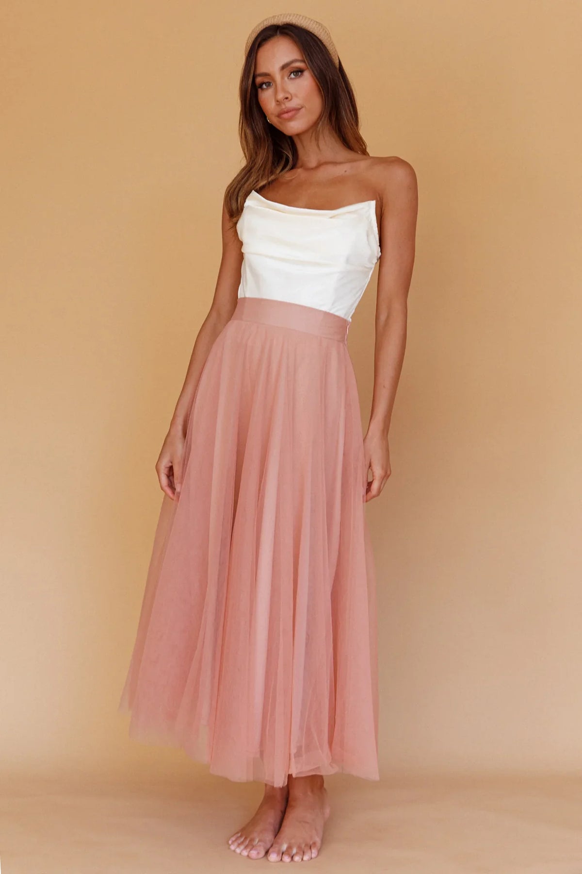 Jasmine Organza Mesh Elasticated Waist Midi Skirt Lipstick