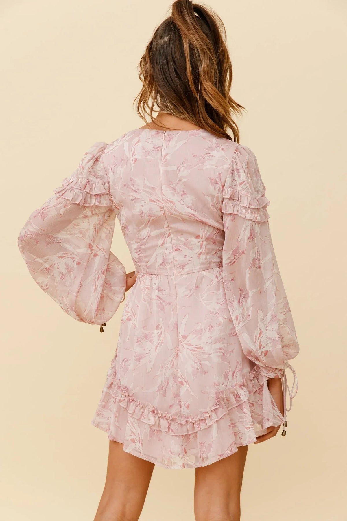Katelyn Long Balloon Sleeve Frill Accent Dress Floral Print Pink