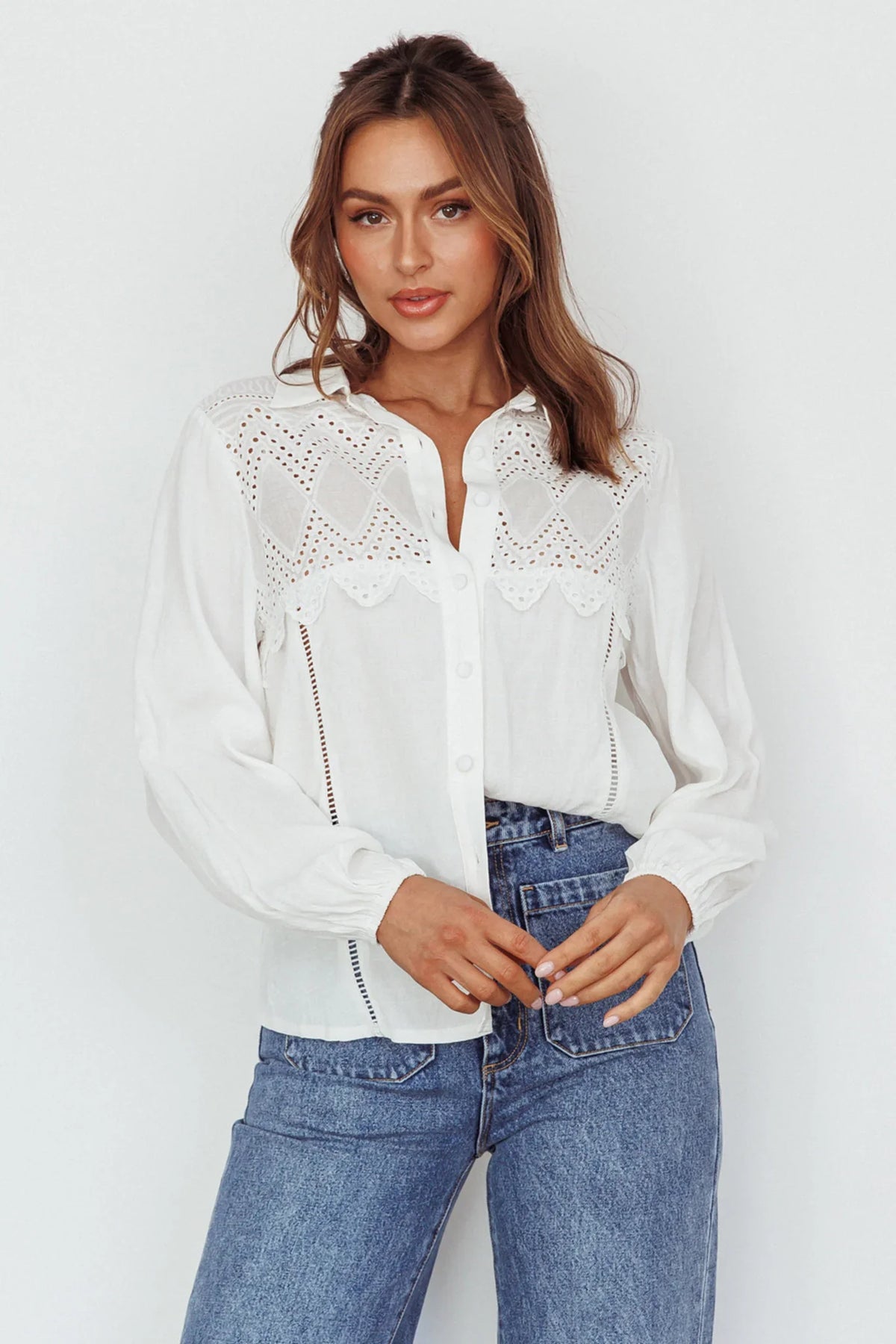 Villa Oasis Long Sleeve Button Shirt White