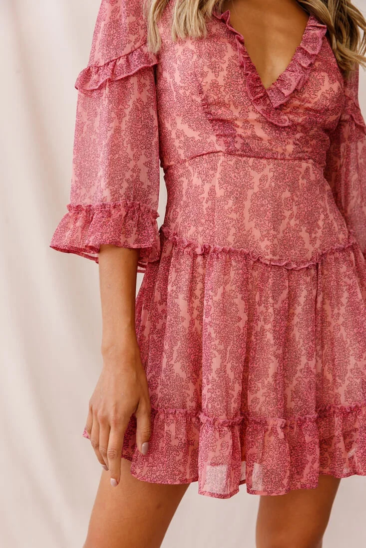 Albany Lace Up Back Frill Dress Pink