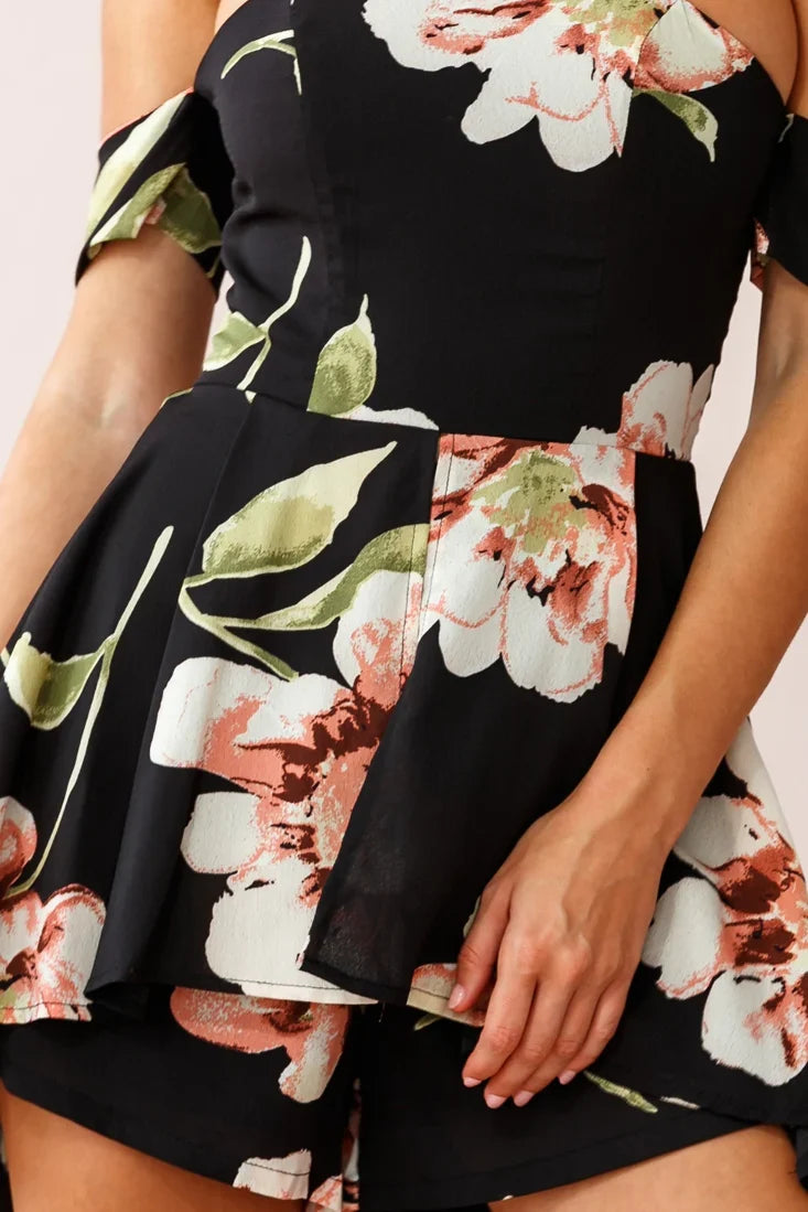 Jessa Off the Shoulder High Low Floral Romper Black