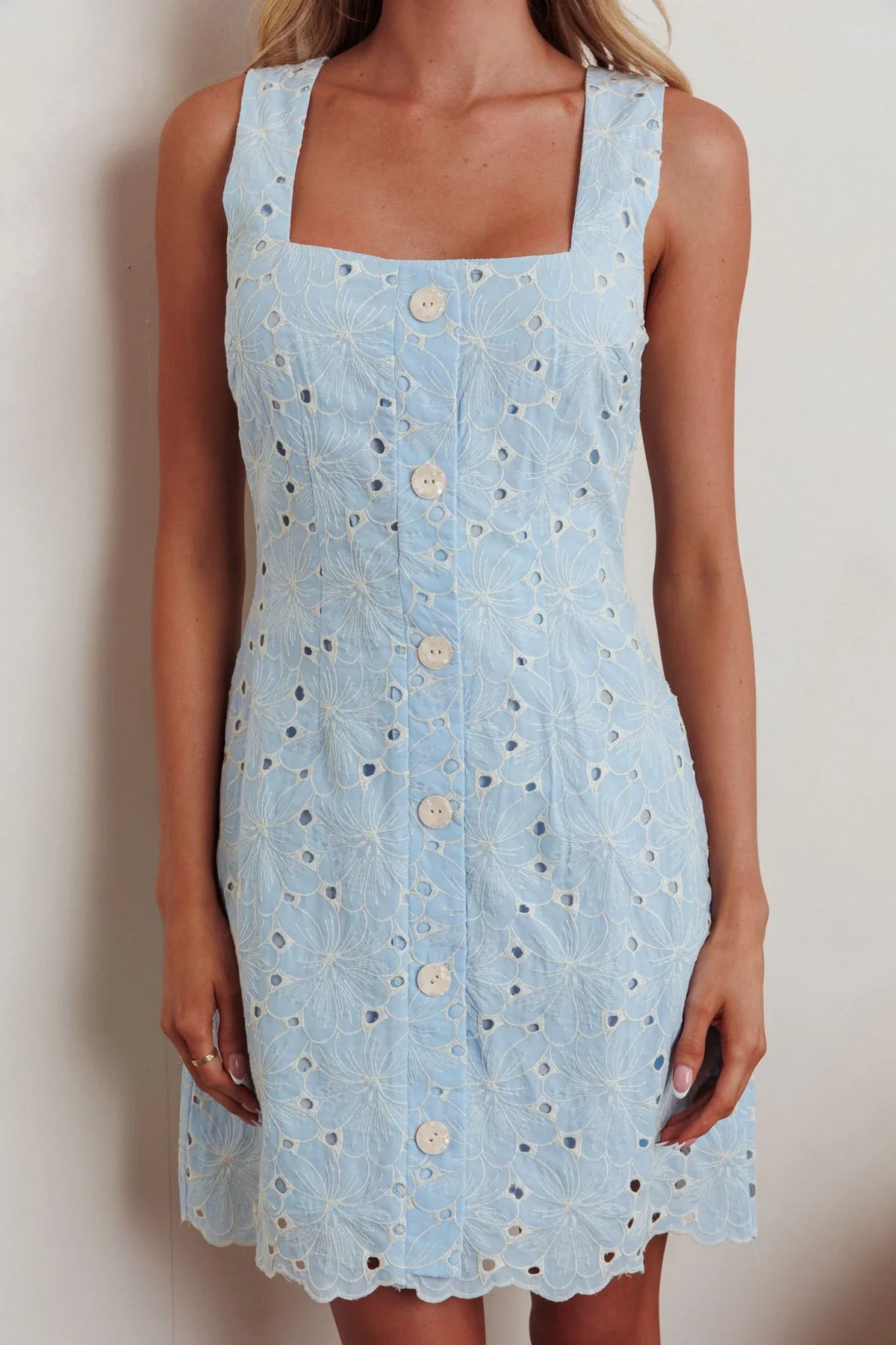 Villanelle Faux Button Placket Eyelet Mini Dress Blue