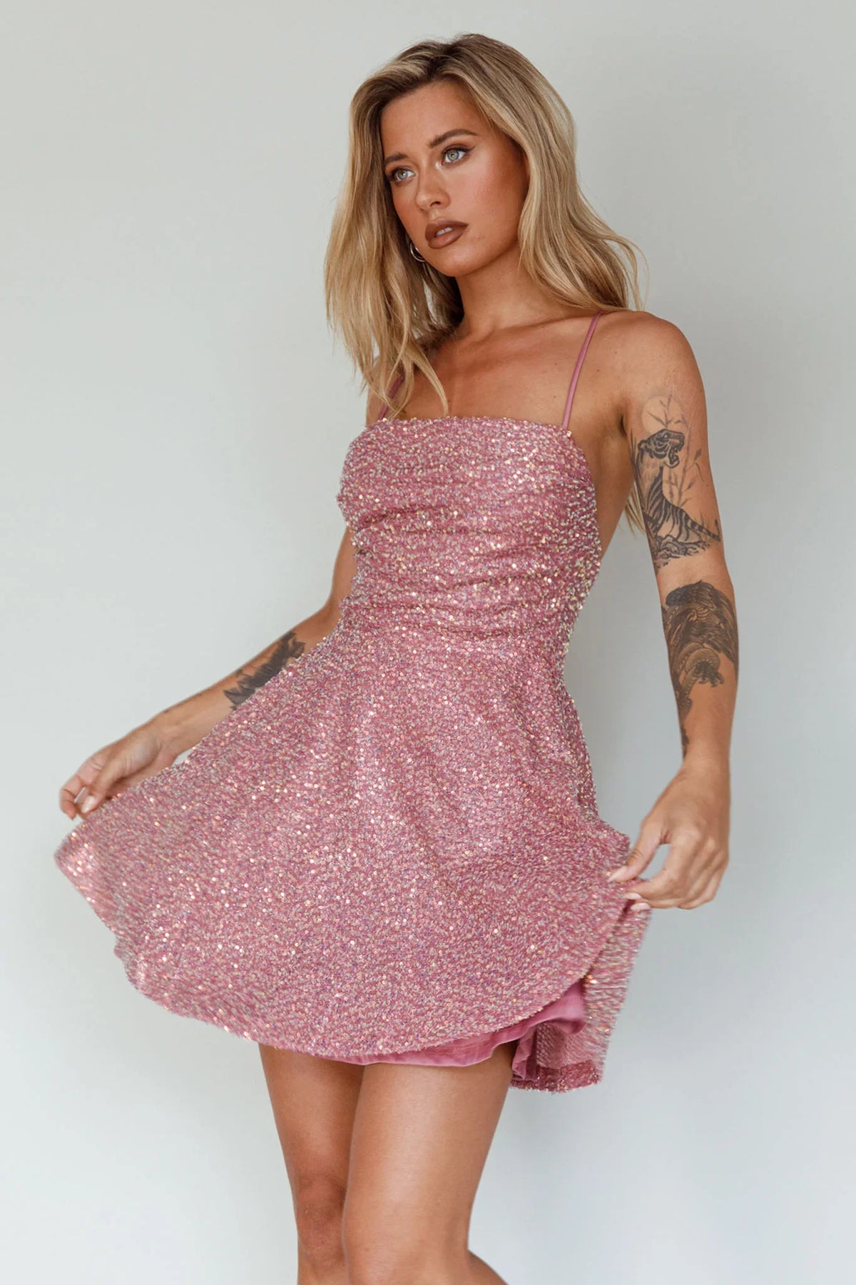 Into The Night Tied Back Sequin Dress Mauve