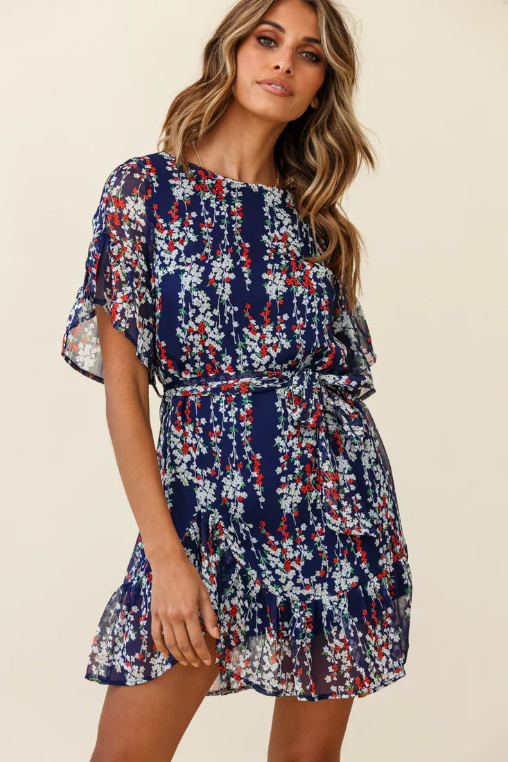 Azealia Ruffle Hem Dress Floral Print Navy