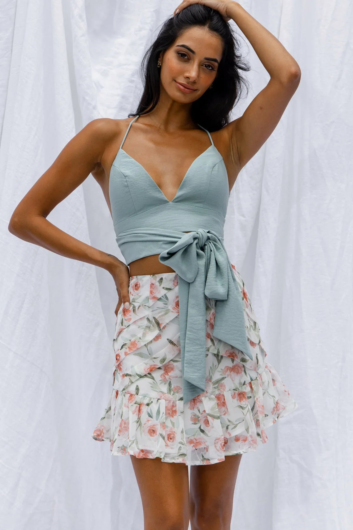 Versa Pintuck Pleat Ruffle Hem Skirt Floral Print White
