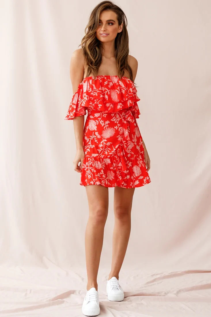 Audrina Off-Shoulder Wrap Dress Floral Print Red