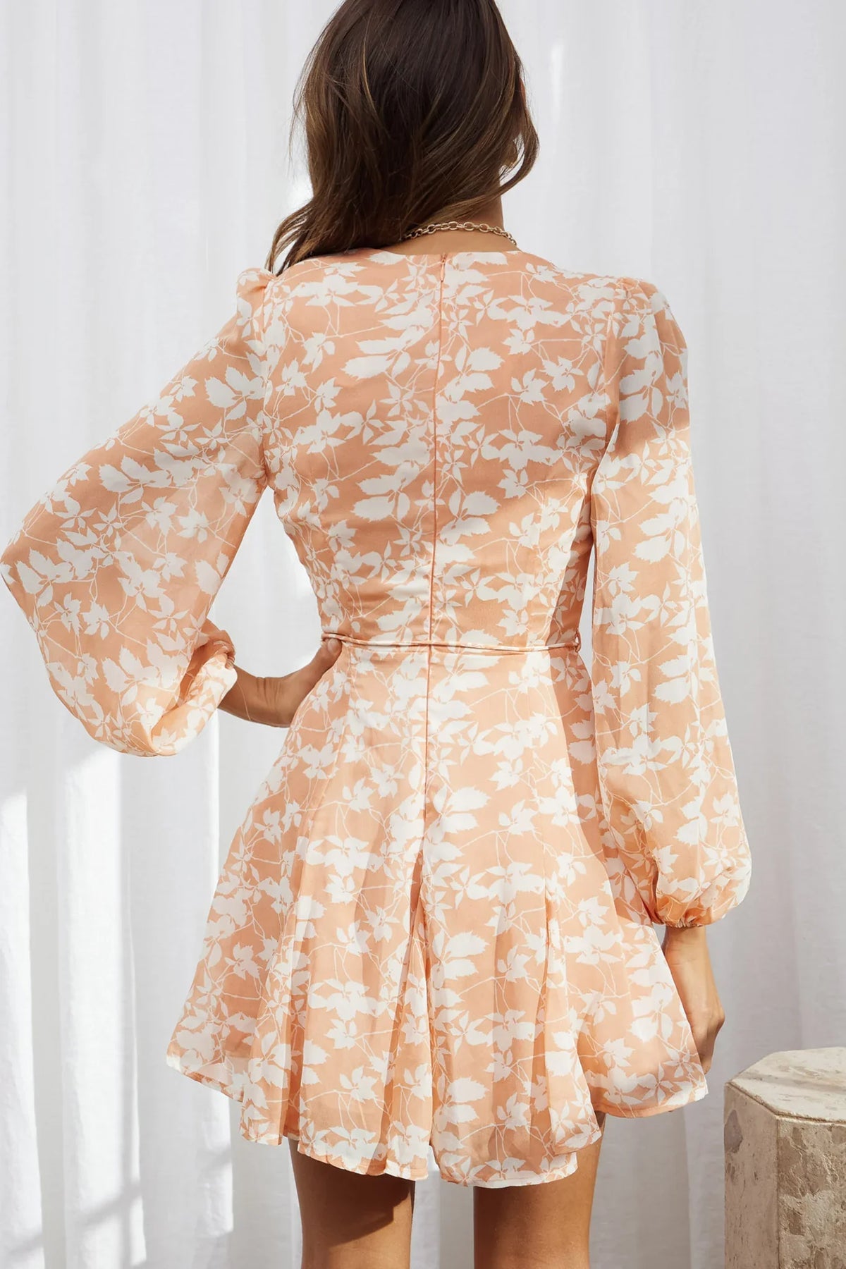 Estelle Long Sleeve V-Neckline Dress Leaf Print Rose