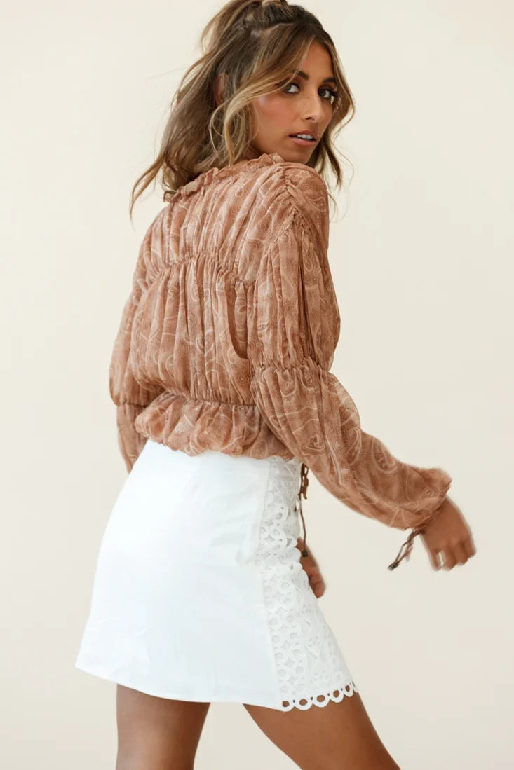 Beau Balloon Sleeve Drawstring Top Paisley Print Tan