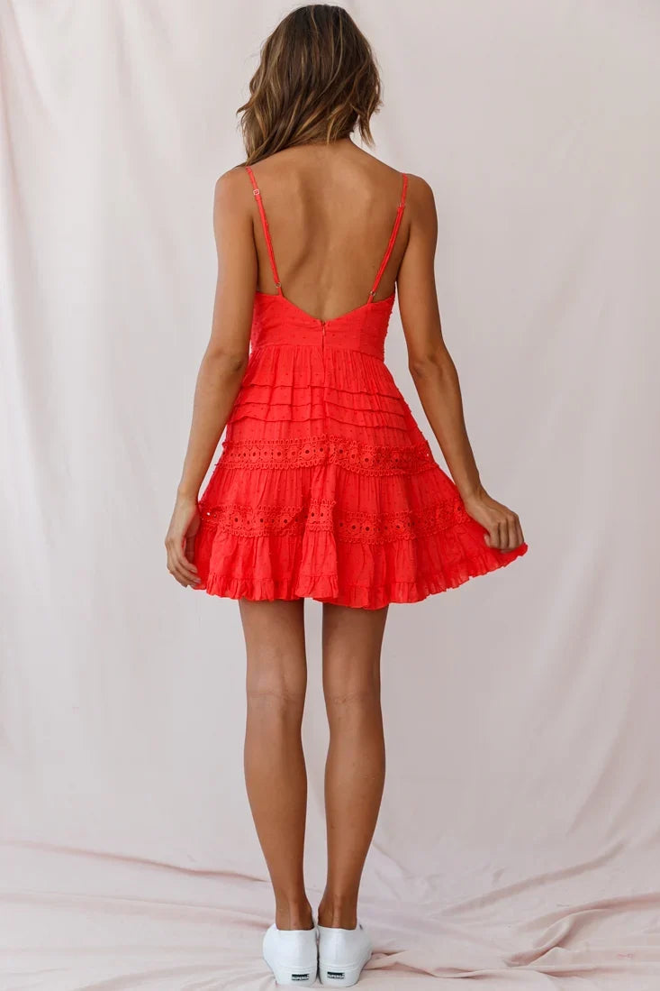 Riley Deep V-Neckline Ruffle Detail Dress Red