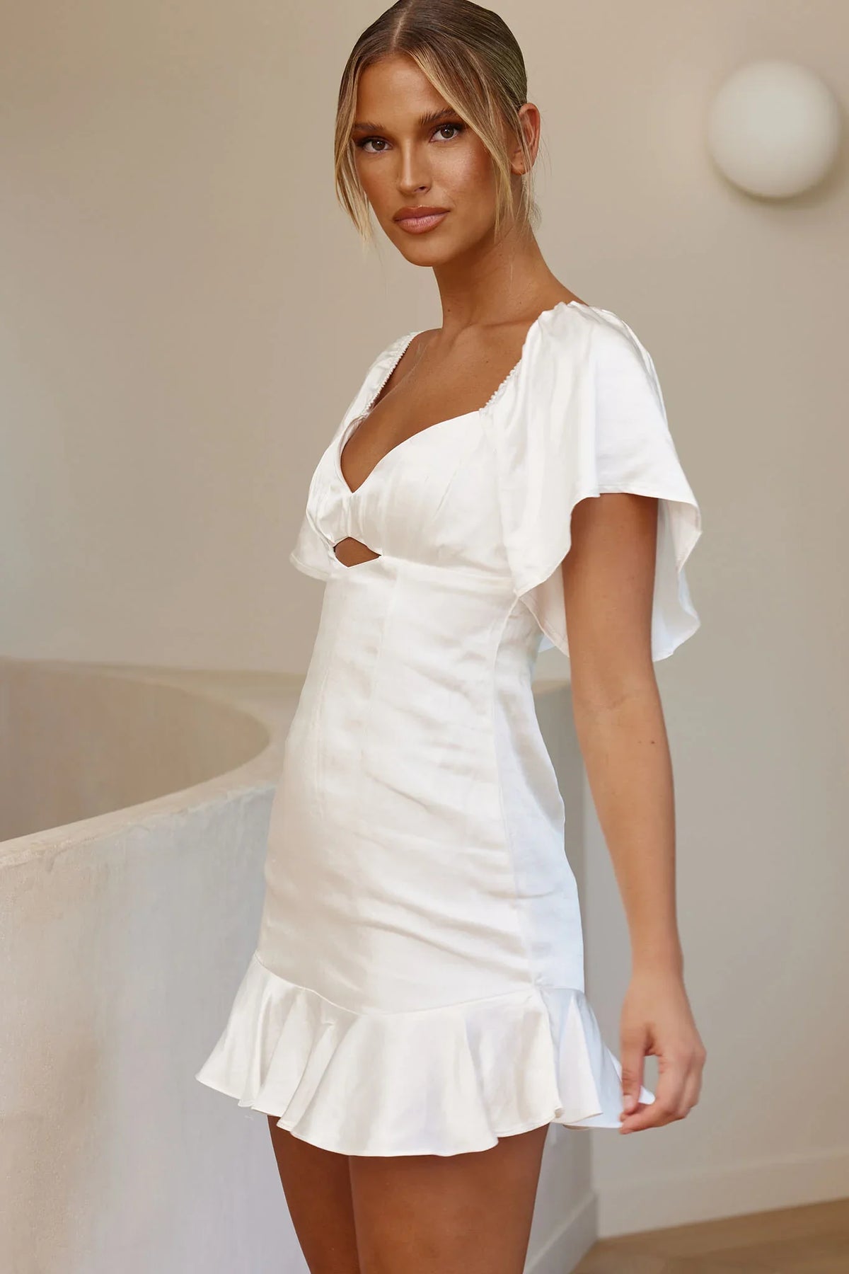 Eyes On You Pleated Bust Angel Sleeve Ruffle Hem Dress White