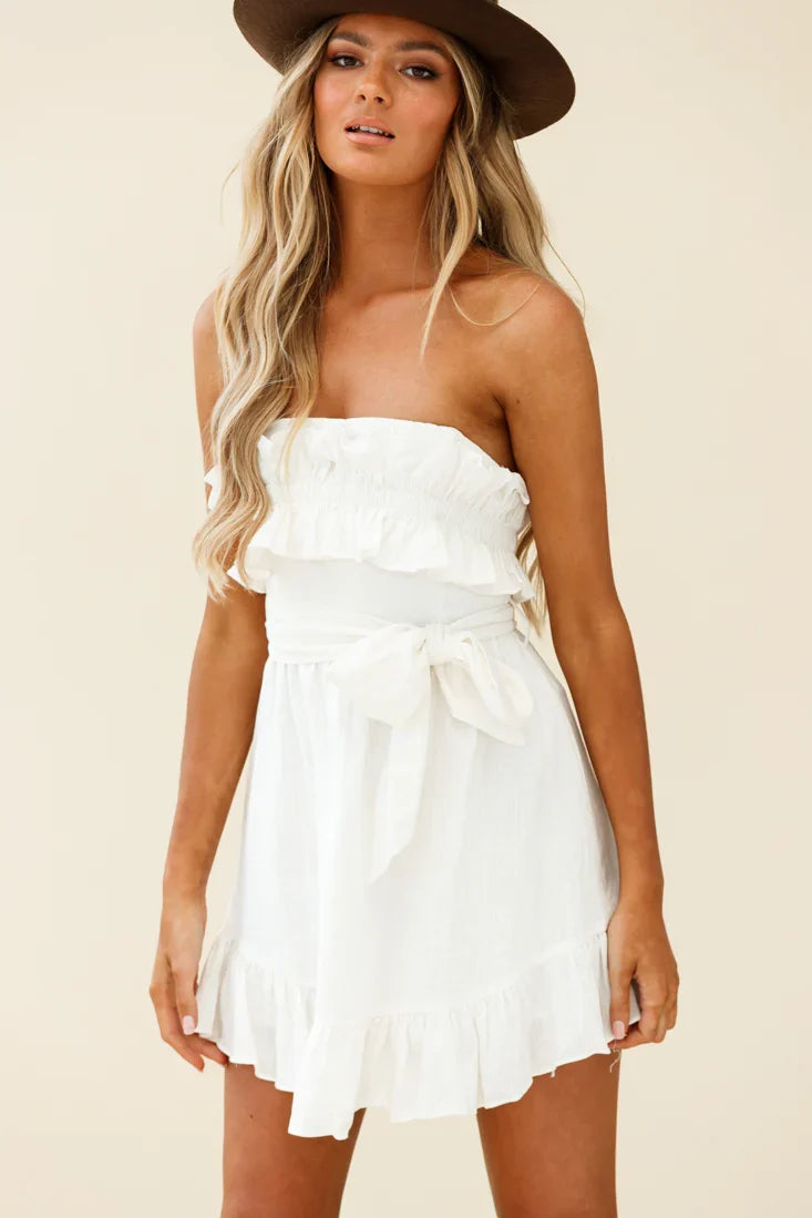 Dream All Day Shirred Ruffle Feature Strapless Dress White