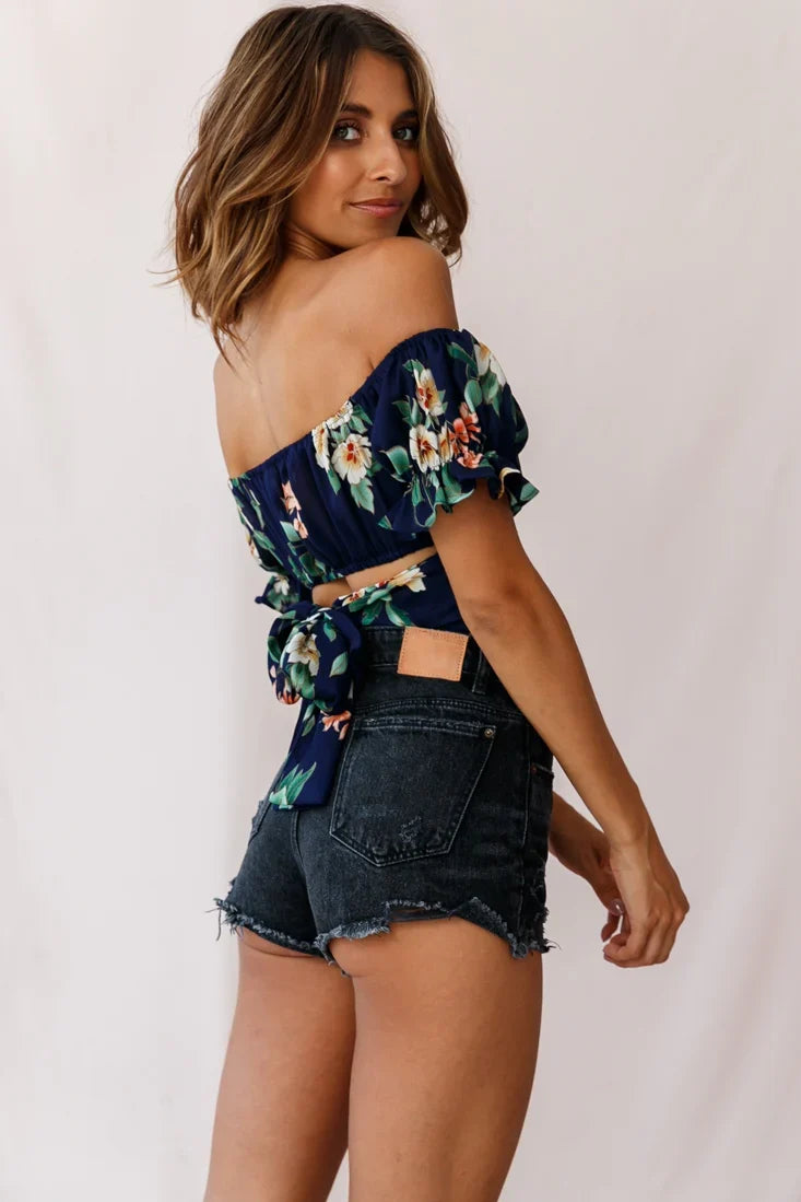 Linka Off-Shoulder Tie-Back Crop Top Floral Print Navy