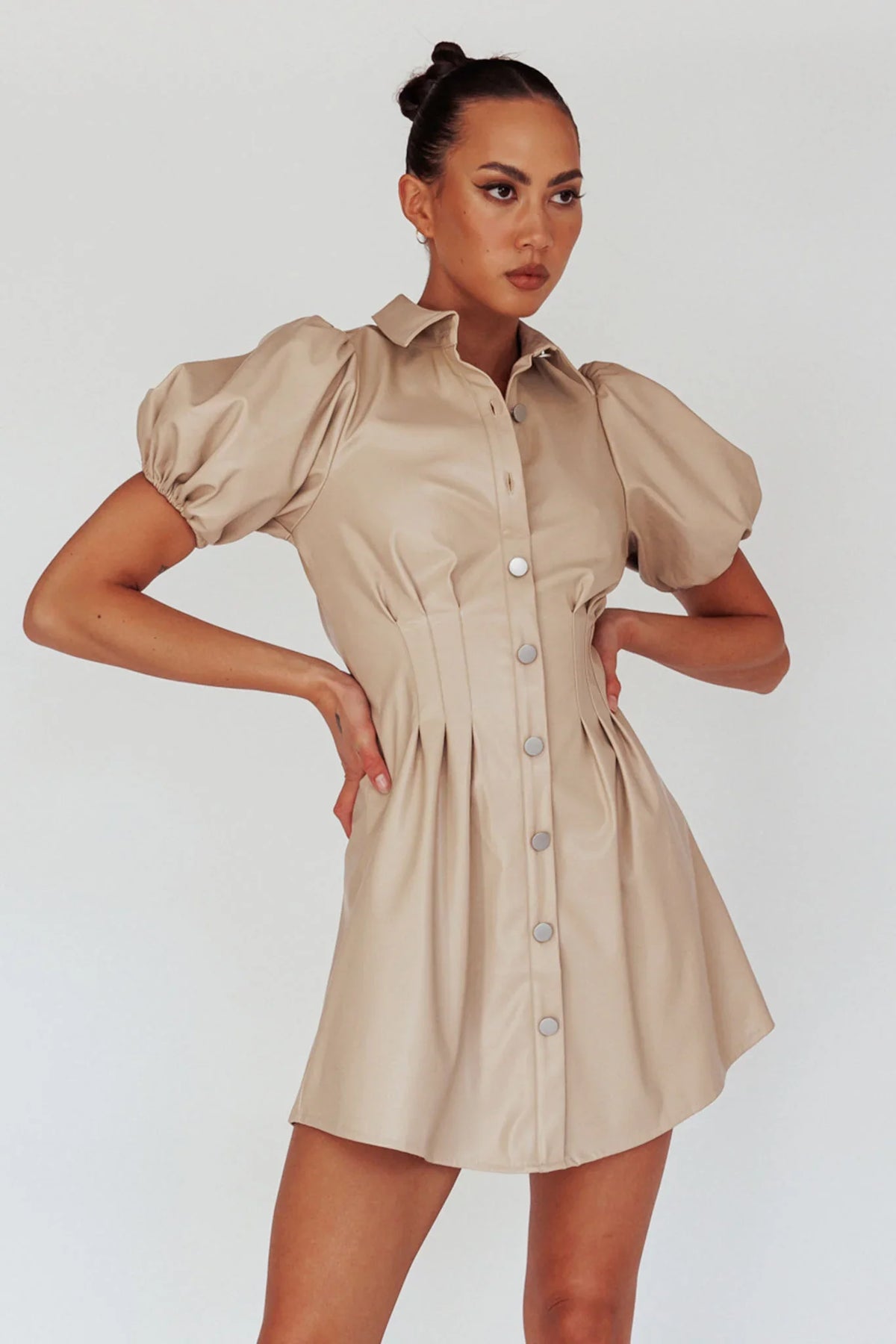 Zurich Pleated Waist Shirt Dress Faux Leather Nude