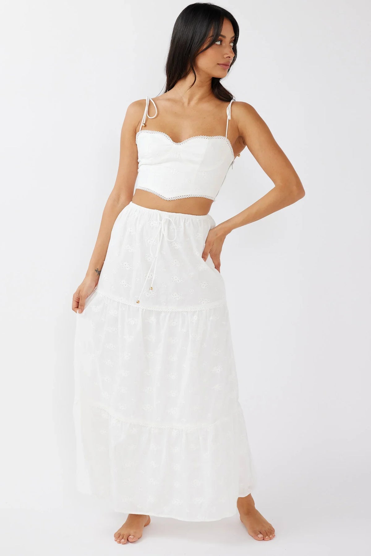 Gracelyn Tied Shoulder Embroidery Crop Top White