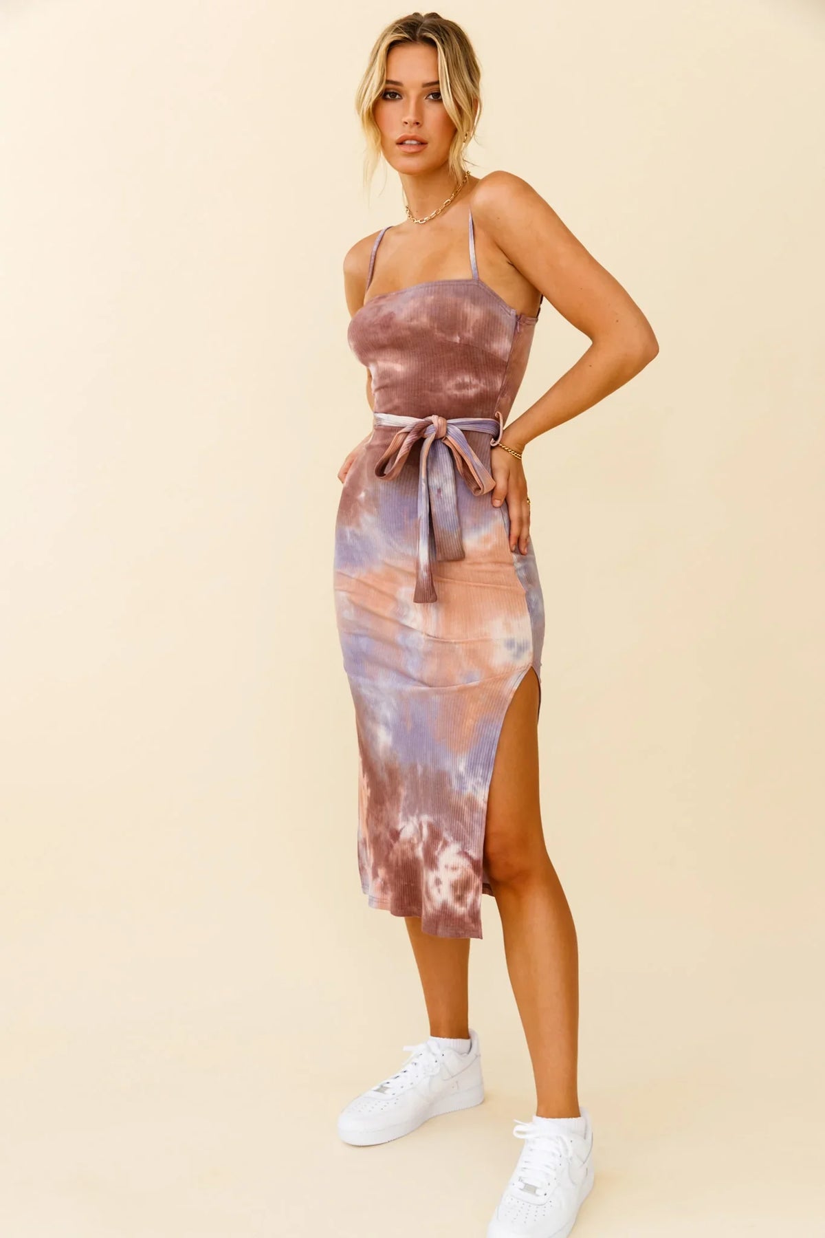 Serenade Me Square Neckline Side Split Midi Dress Tie Dye Brown/Lilac