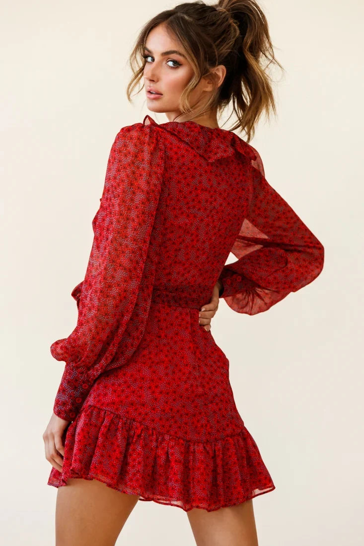 Regina Long Sleeve Ruffle Neckline Dress Flower Print Red