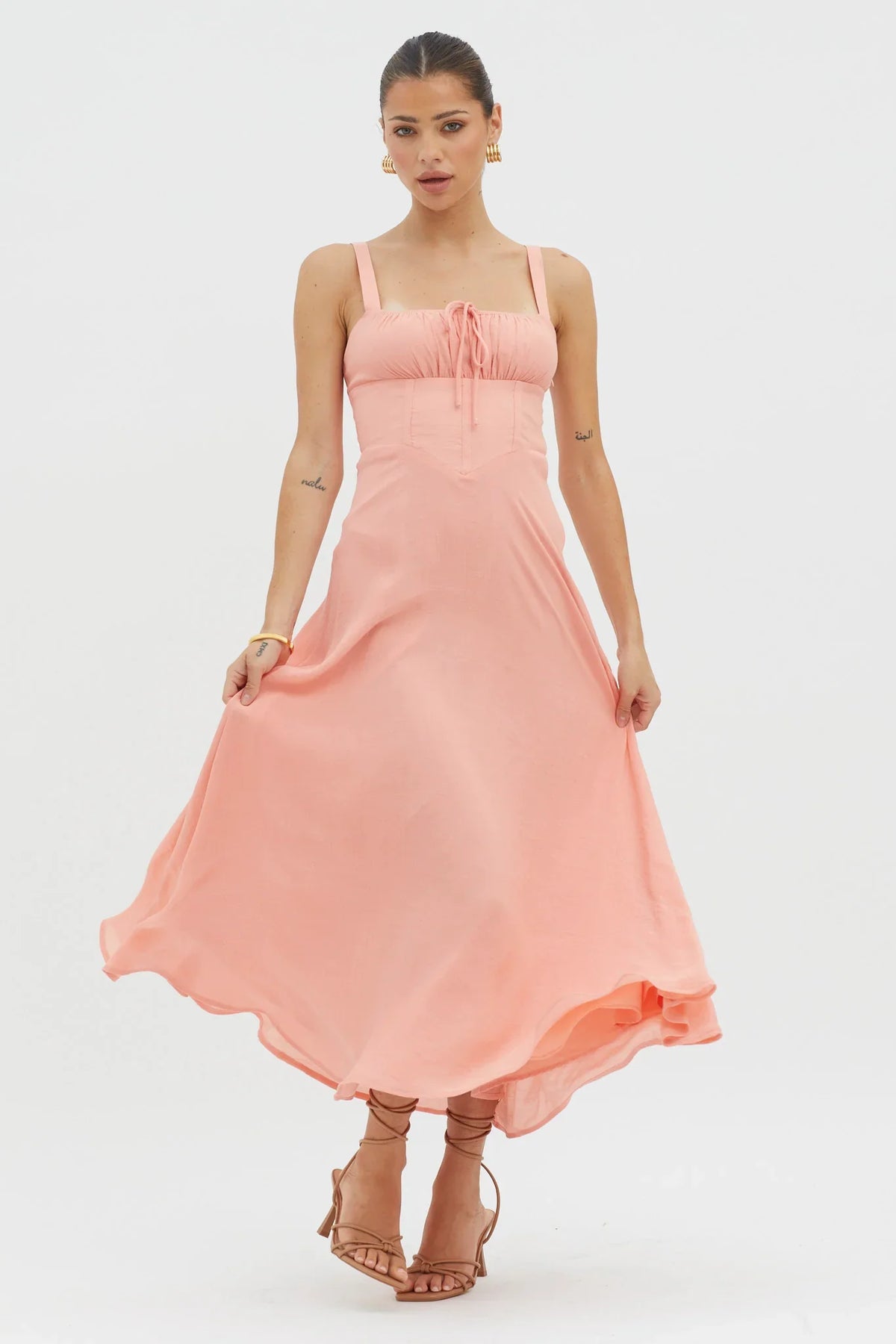 Sweet Pea Tied Bust A-Line Midi Dress Peach