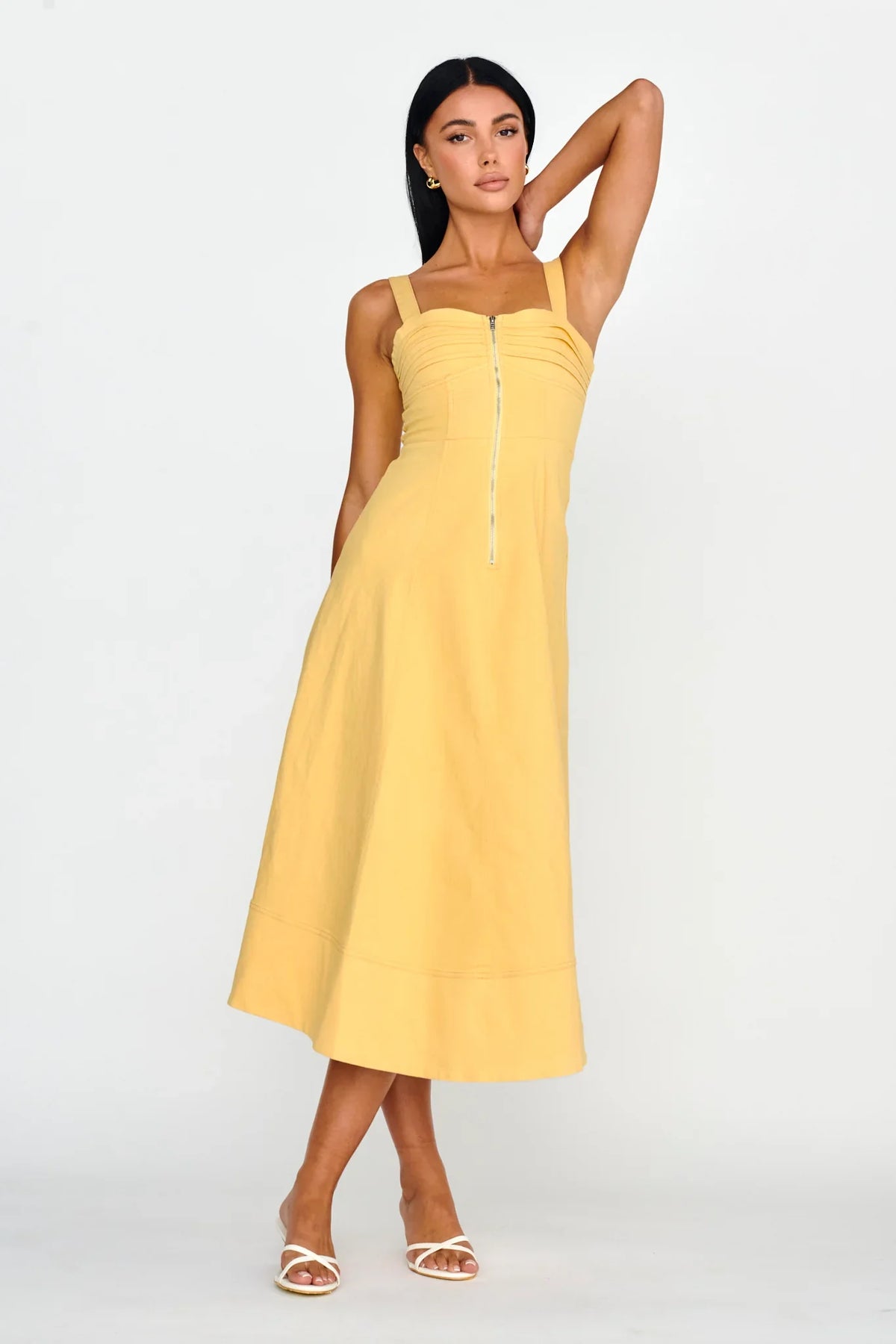 Emilio Pleated Bust A-Line Midi Dress Yellow