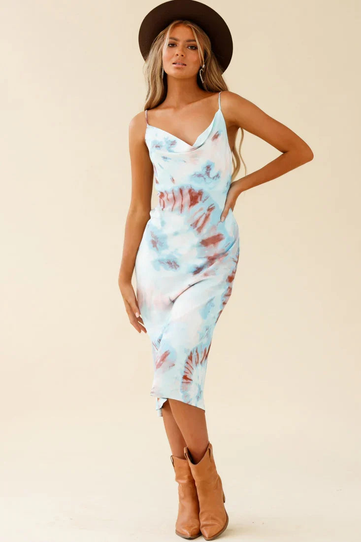 Show Me Love Cowl Neck Midi Dress Tie-Dye Blue Multi