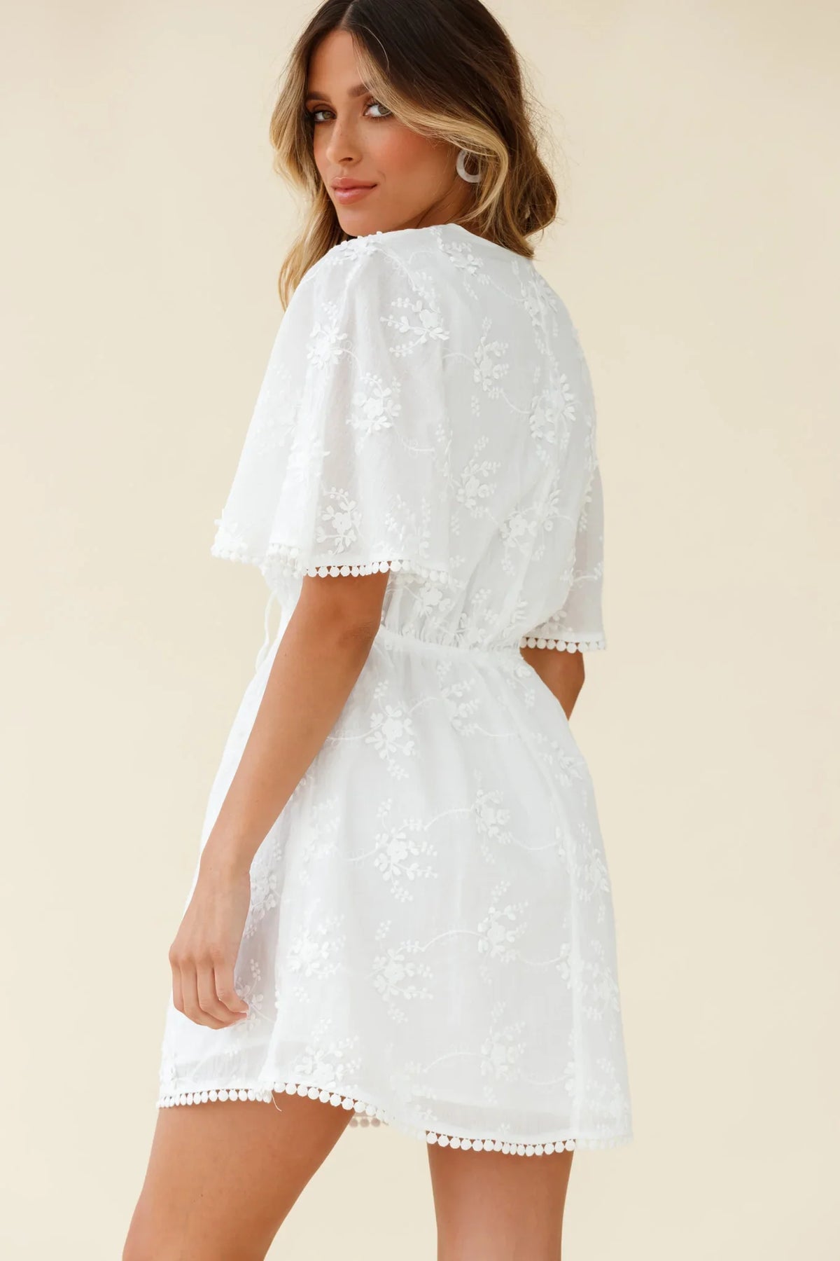 Esperanza Lace-Up Bust Floral Embroidery Dress White