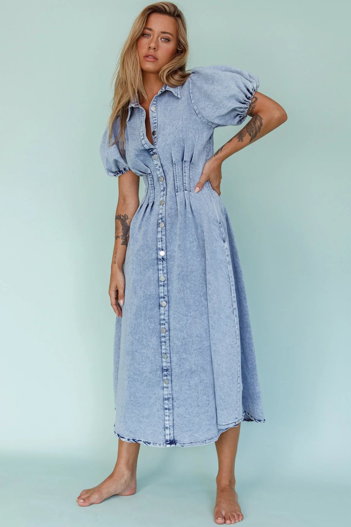 Zurich Pleated Waist Midi Dress Denim Blue