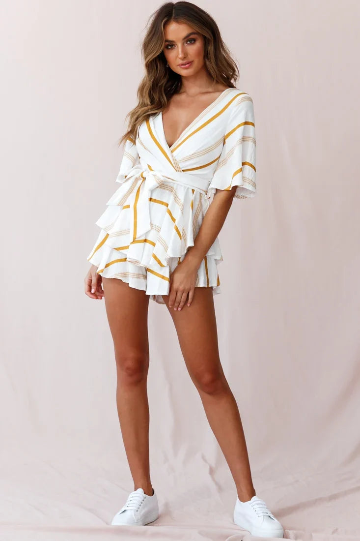 Happy Hour Deep V-Neckline Open Back Romper Stripe Print Mustard