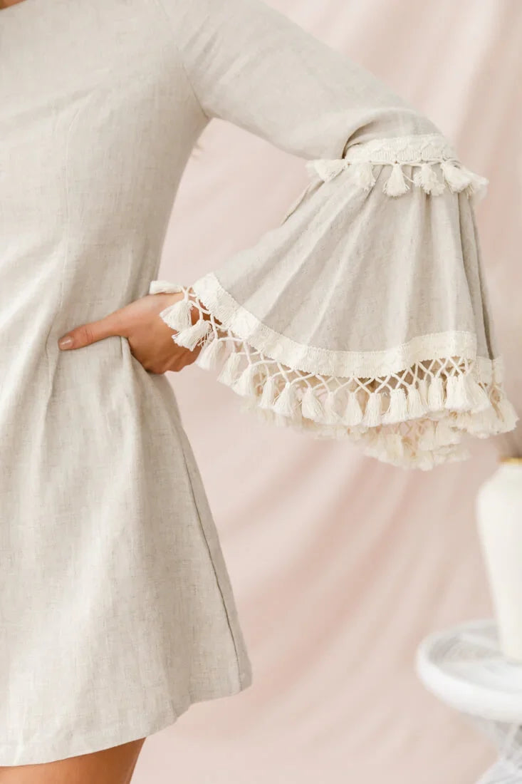 Sahara Tassel Trim Bell Sleeve Dress Beige