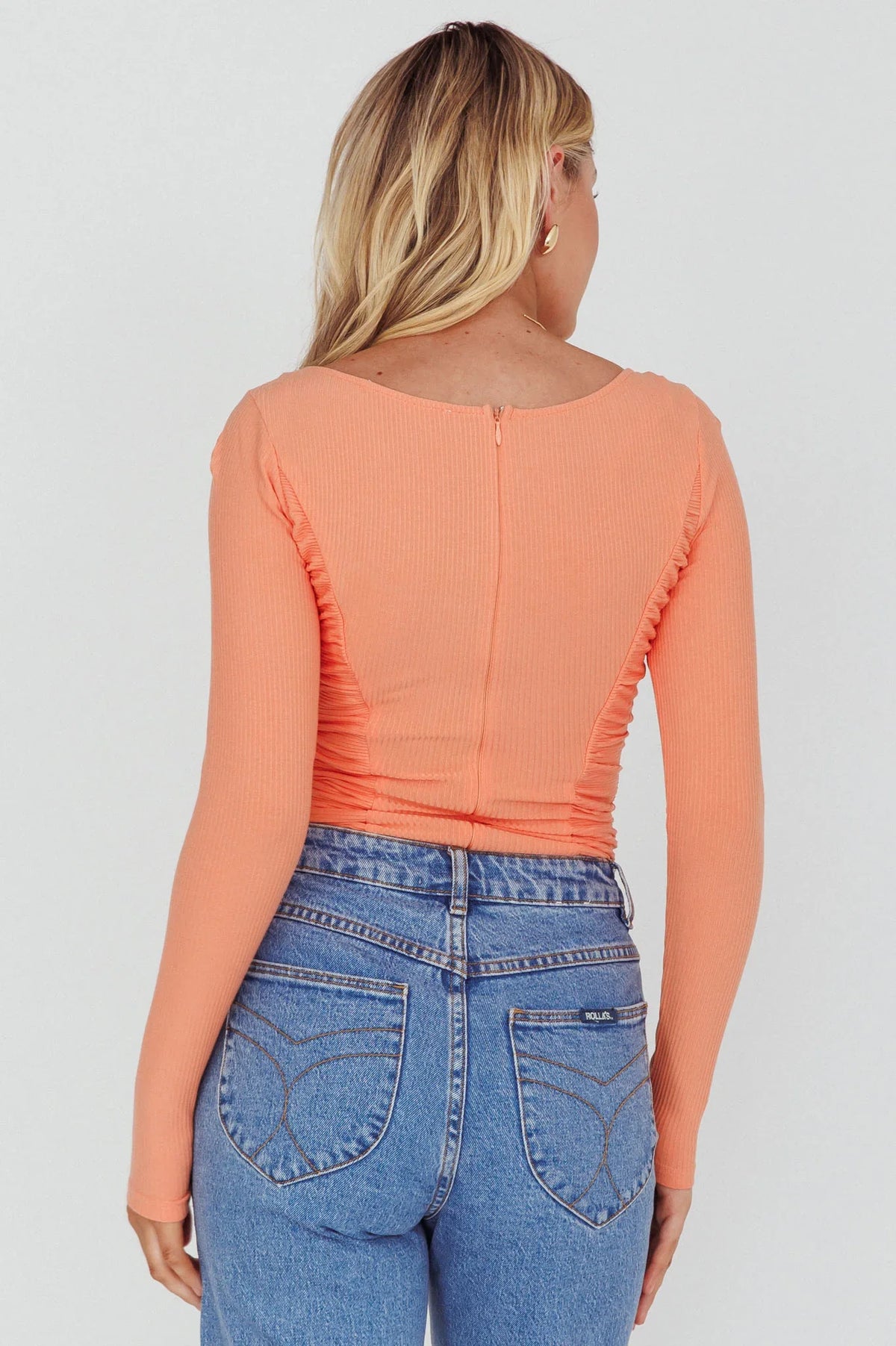 Bobbi Long Sleeve Ruched Side Ribbed Bodysuit Orange