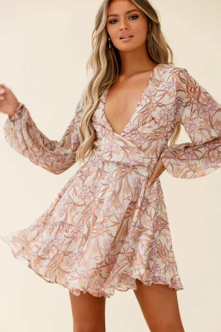 Jessinta Long Sleeve Pintuck Waist Dress Floral Print Nude