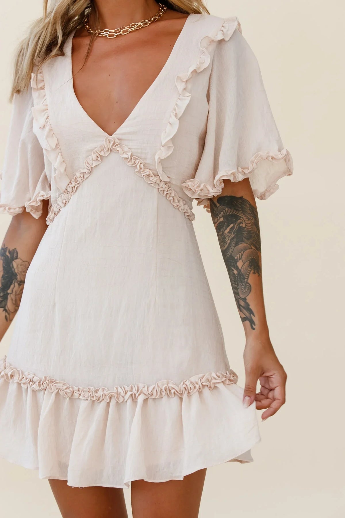 Halo V-Neckline Frill Detail Dress Nude