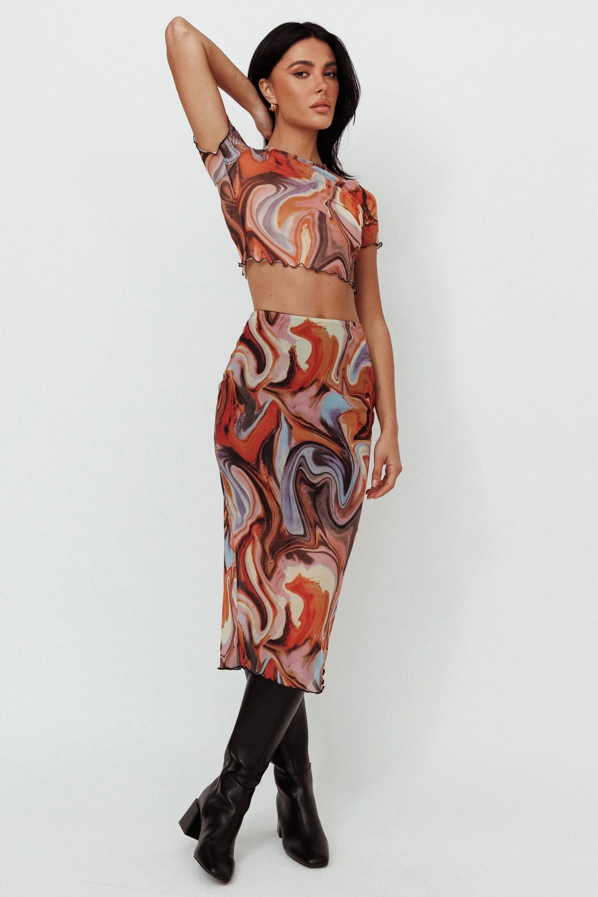 Priyanka Lettuce Edge Mesh Midi Skirt Brown Multi