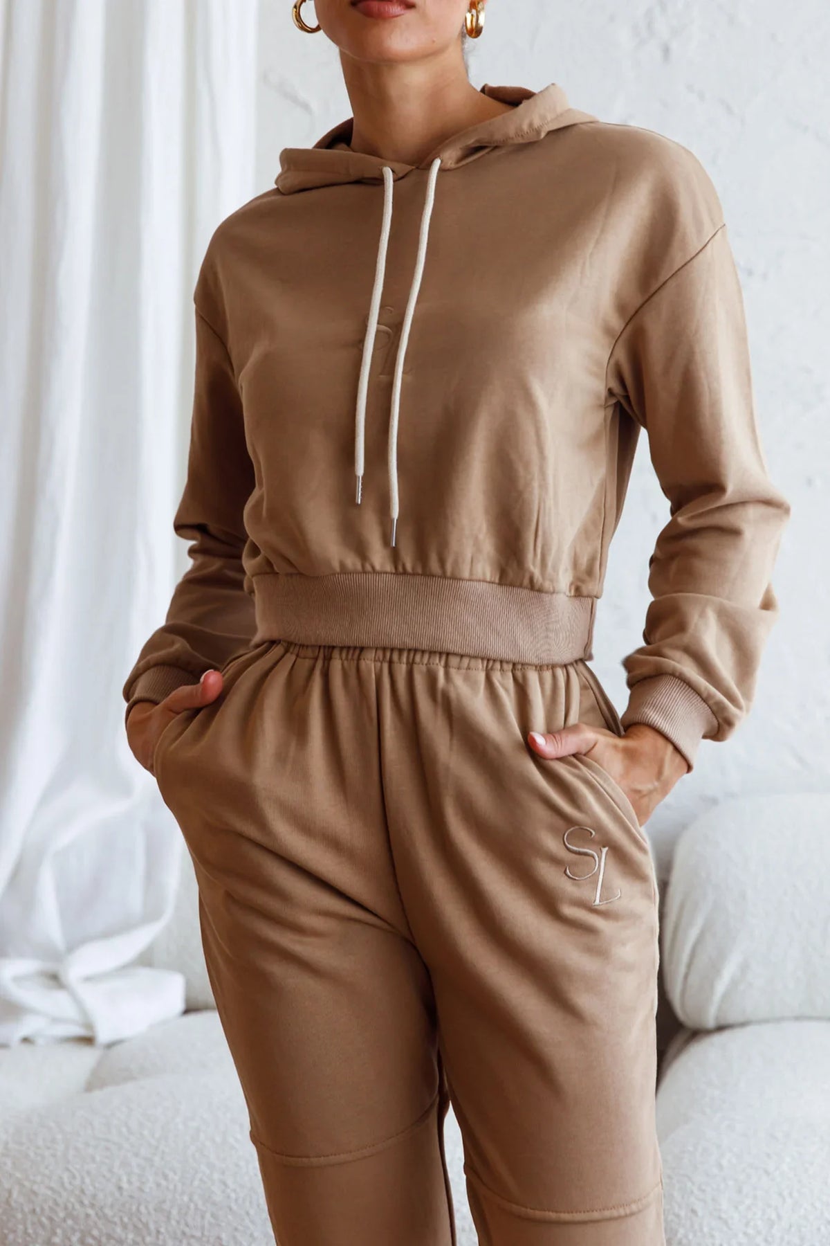 Glow Getter Drawstring Hood Embroidery Logo Hoodie Beige