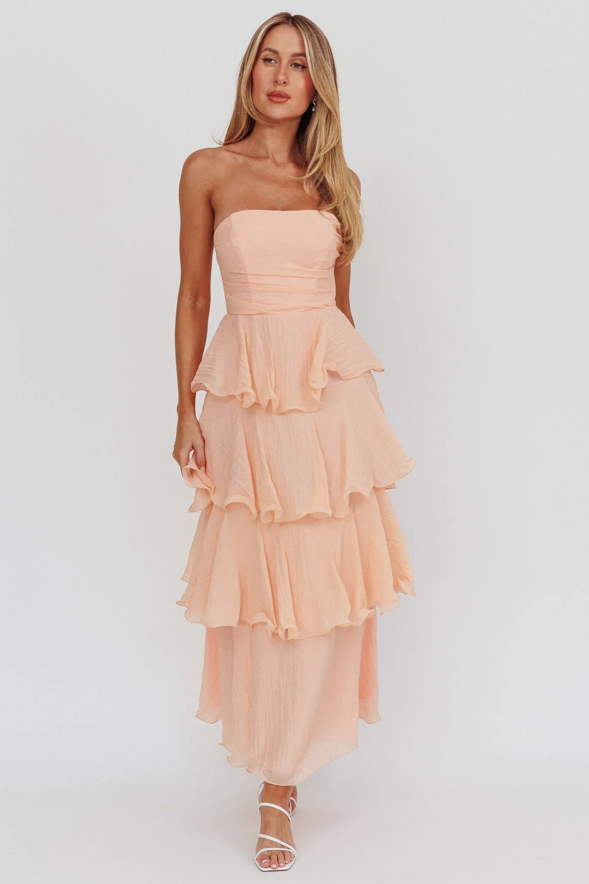 Giavana Strapless Layered Ruffles Midi Dress Blush