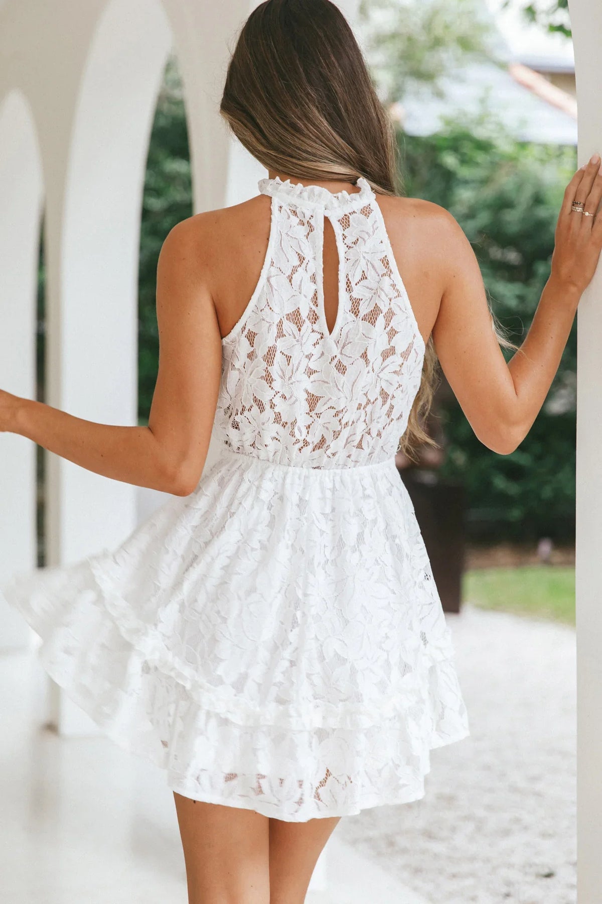 Ever After Halterneck Elasticated Waist Lace Mini Dress White